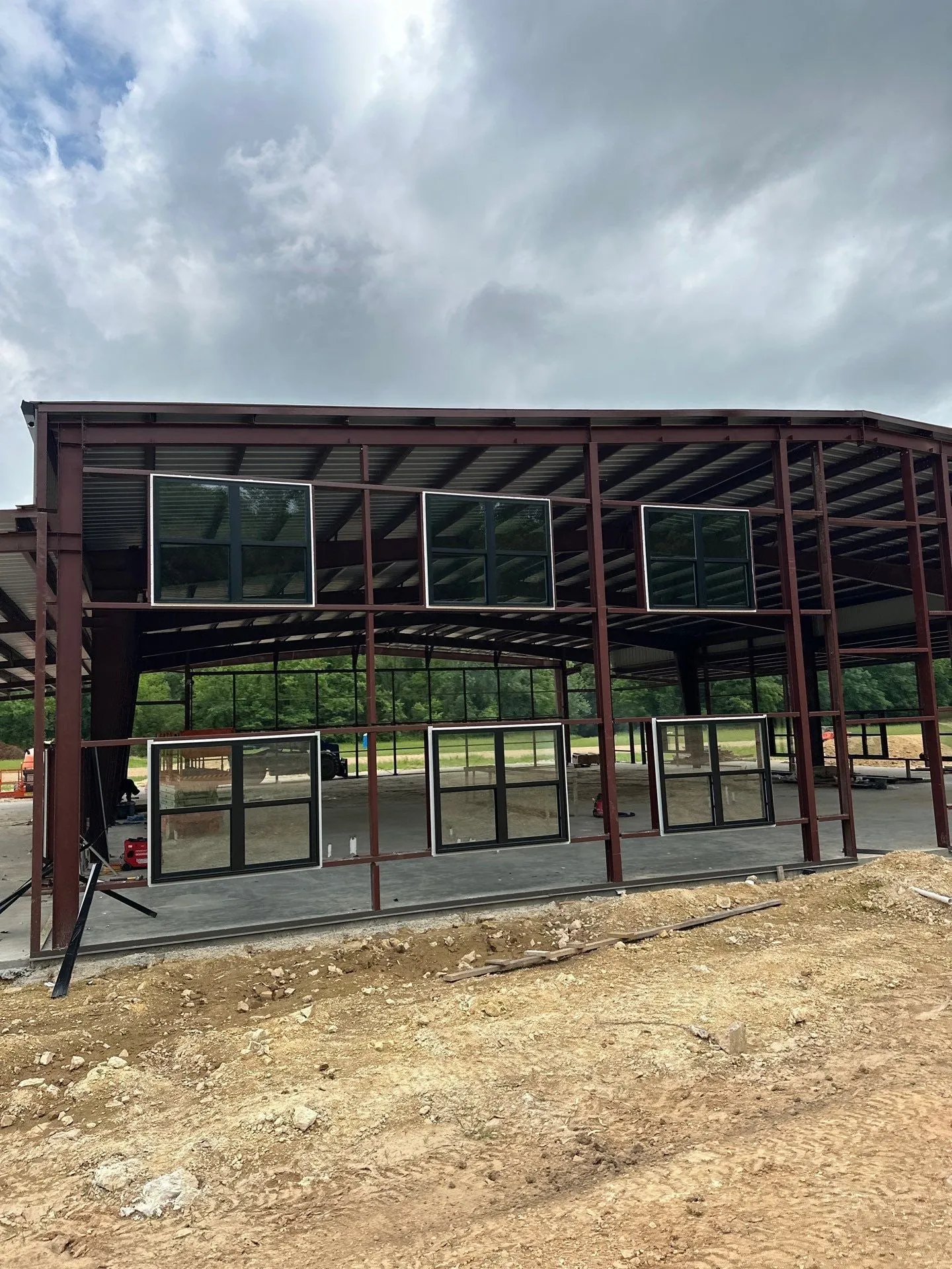 Steel frame of the hangar with window openings framed in